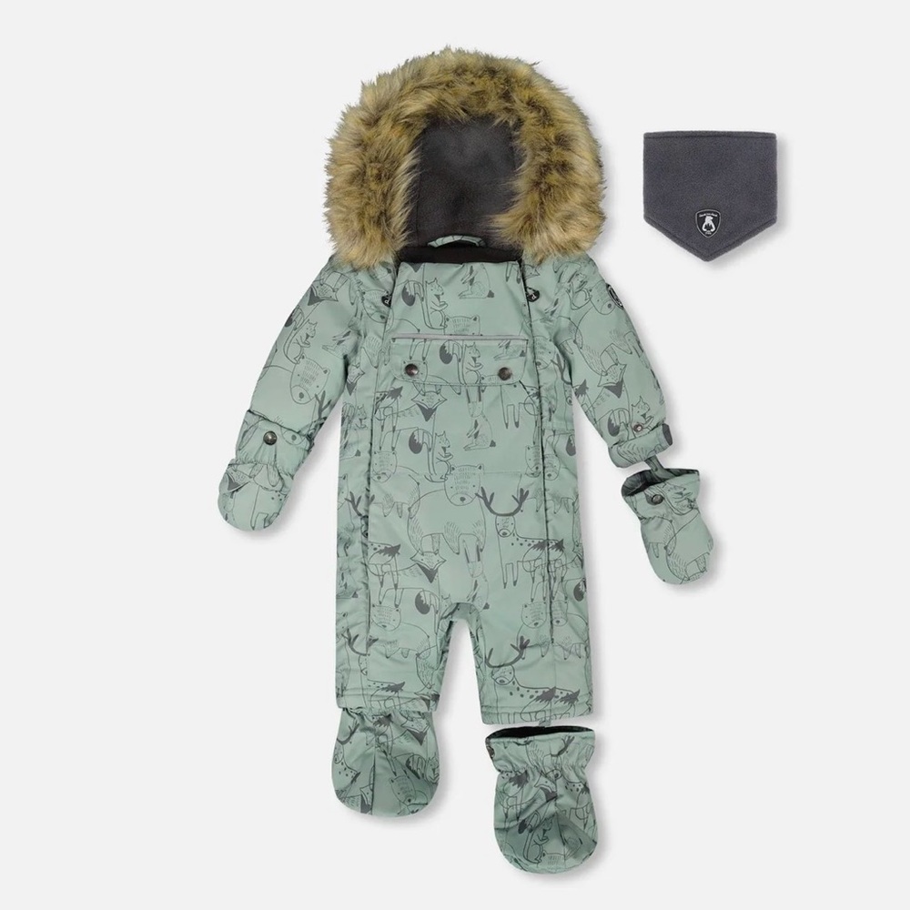 Grey Dino Baby Snowsuit with Fur Hood